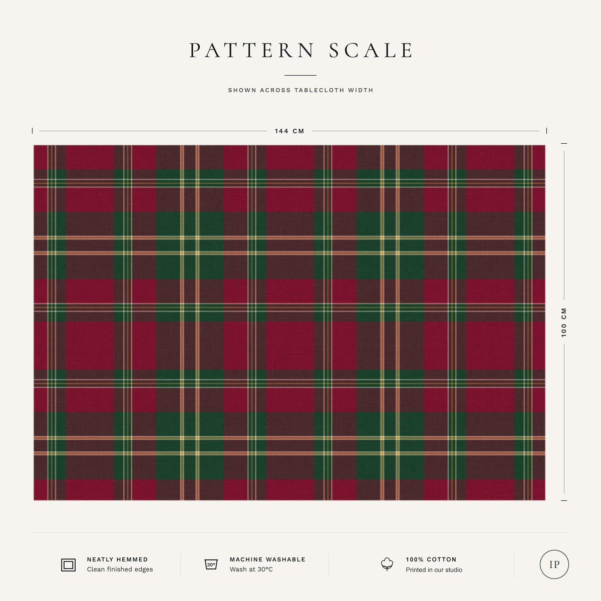 Burgundy tartan Christmas tablecloth pattern-scale infographic showing the 144 cm width, check design, fabric, hemming and care details