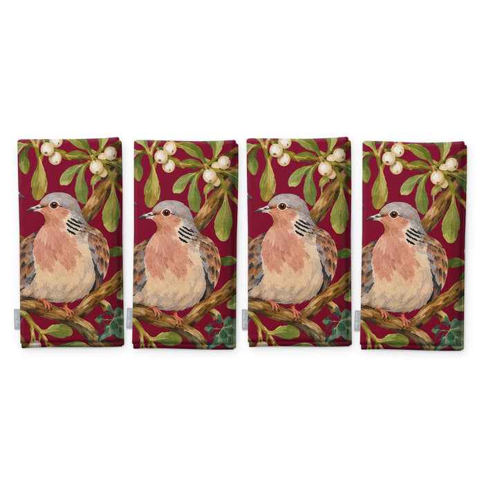 Burgundy Turtle Doves and Mistletoe napkins, set of four, folded on white, showing the same turtle dove among mistletoe