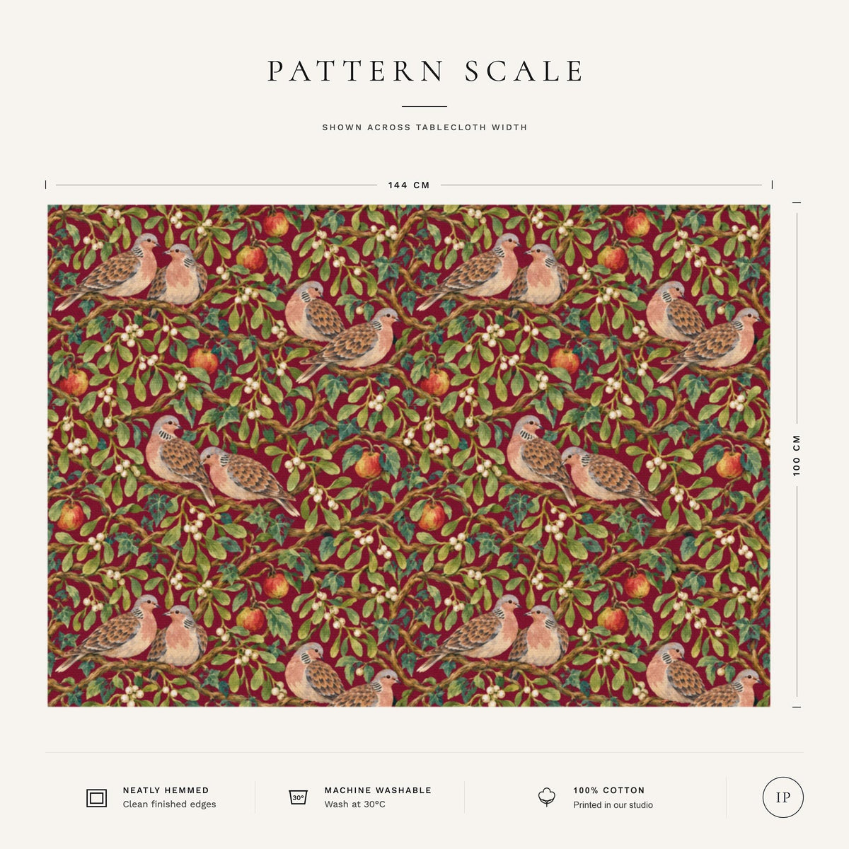 Pattern scale of the Turtle Doves and Mistletoe Christmas tablecloth in burgundy across its 144 cm width, with care notes