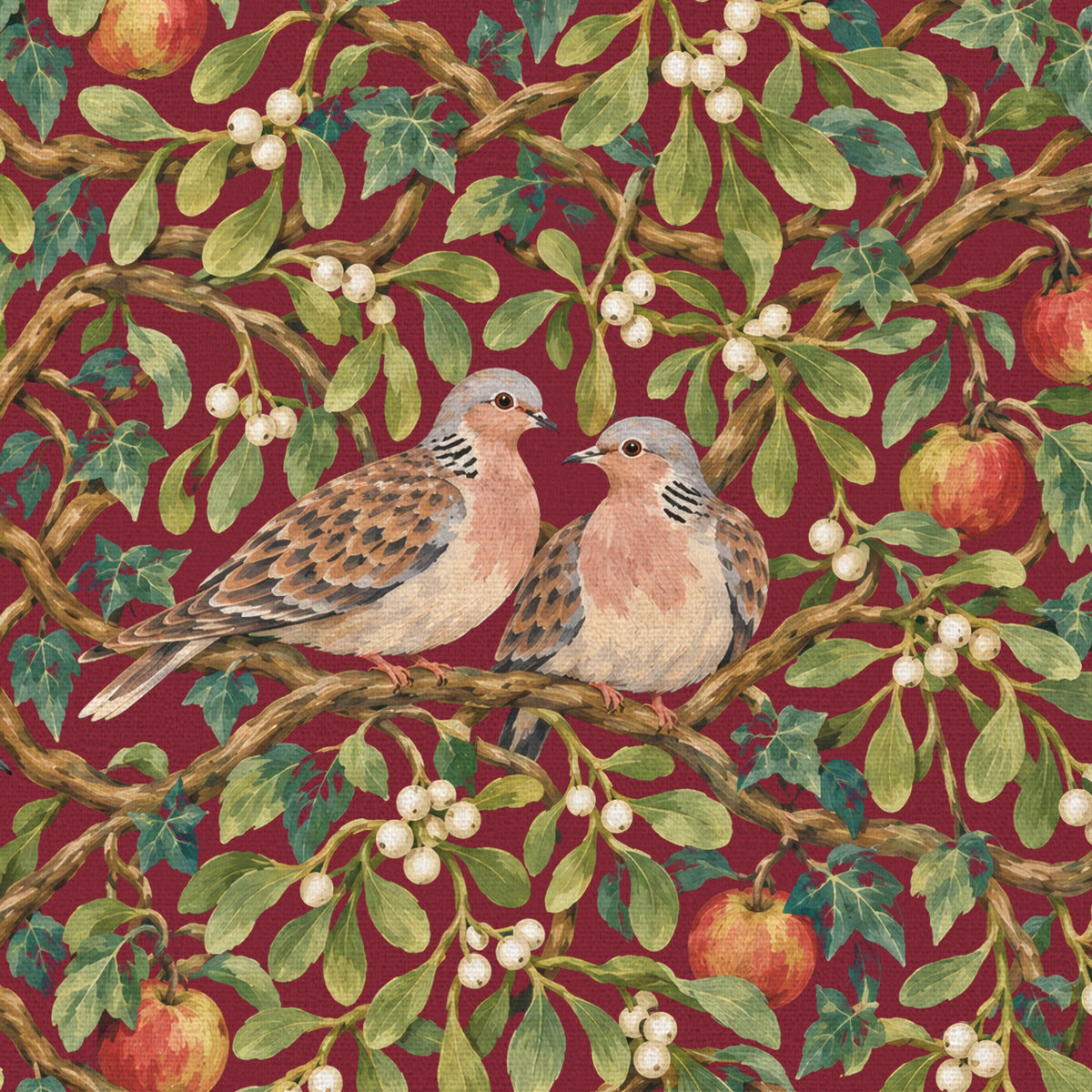 Close-up of the burgundy Turtle Doves and Mistletoe Christmas tablecloth print on cotton