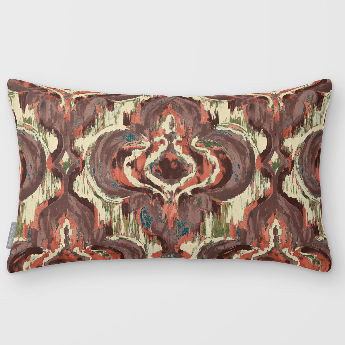 Court Medallion Cocoa & Teal linen-look 50 × 30 cm rectangular cushion, plain sewn edge, front view.