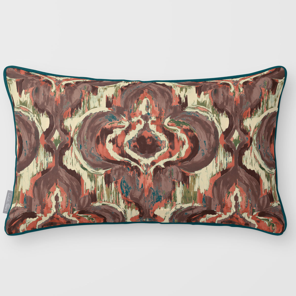 Court Medallion Cocoa & Teal linen-look 50 × 30 cm rectangular cushion, piped, front view.