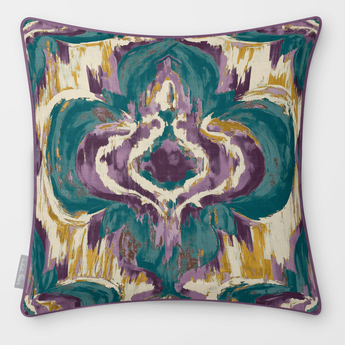 Court Medallion Ink Blue & Lilac linen-look square cushion, piped, front view.