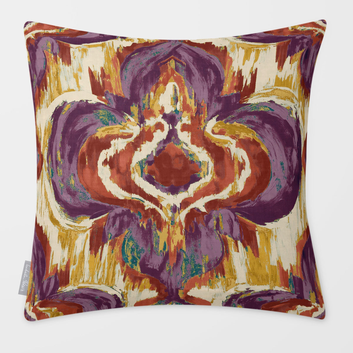 Court Medallion Plum & Saffron linen-look square cushion, plain sewn edge, front view.