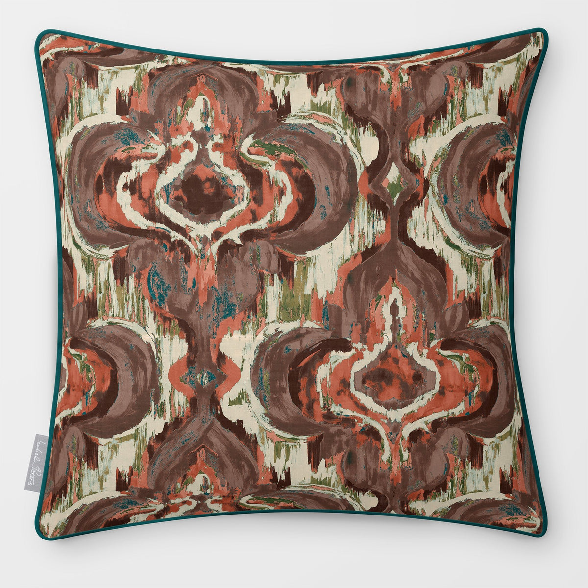 Front view of a Court Medallion Repeat square cushion in Cocoa & Teal, finished with Deep Teal piping.