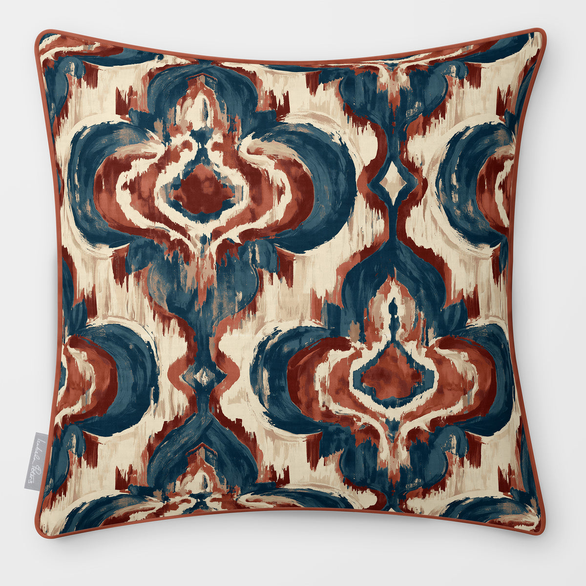 Front view of a Court Medallion Repeat square cushion in Teal & Persimmon, finished with Persimmon piping.