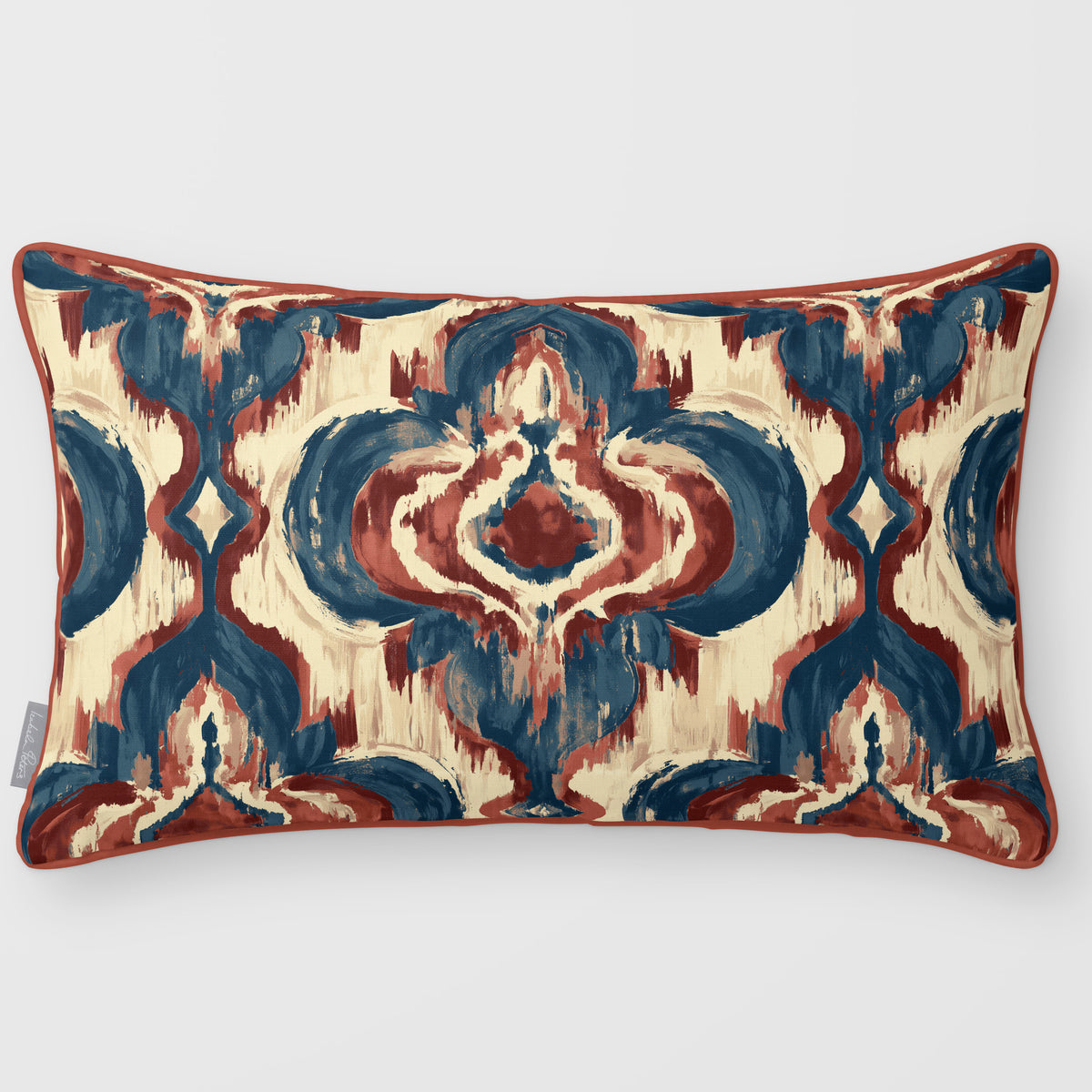 Court Medallion Teal & Persimmon linen-look 50 × 30 cm rectangular cushion, piped, front view.