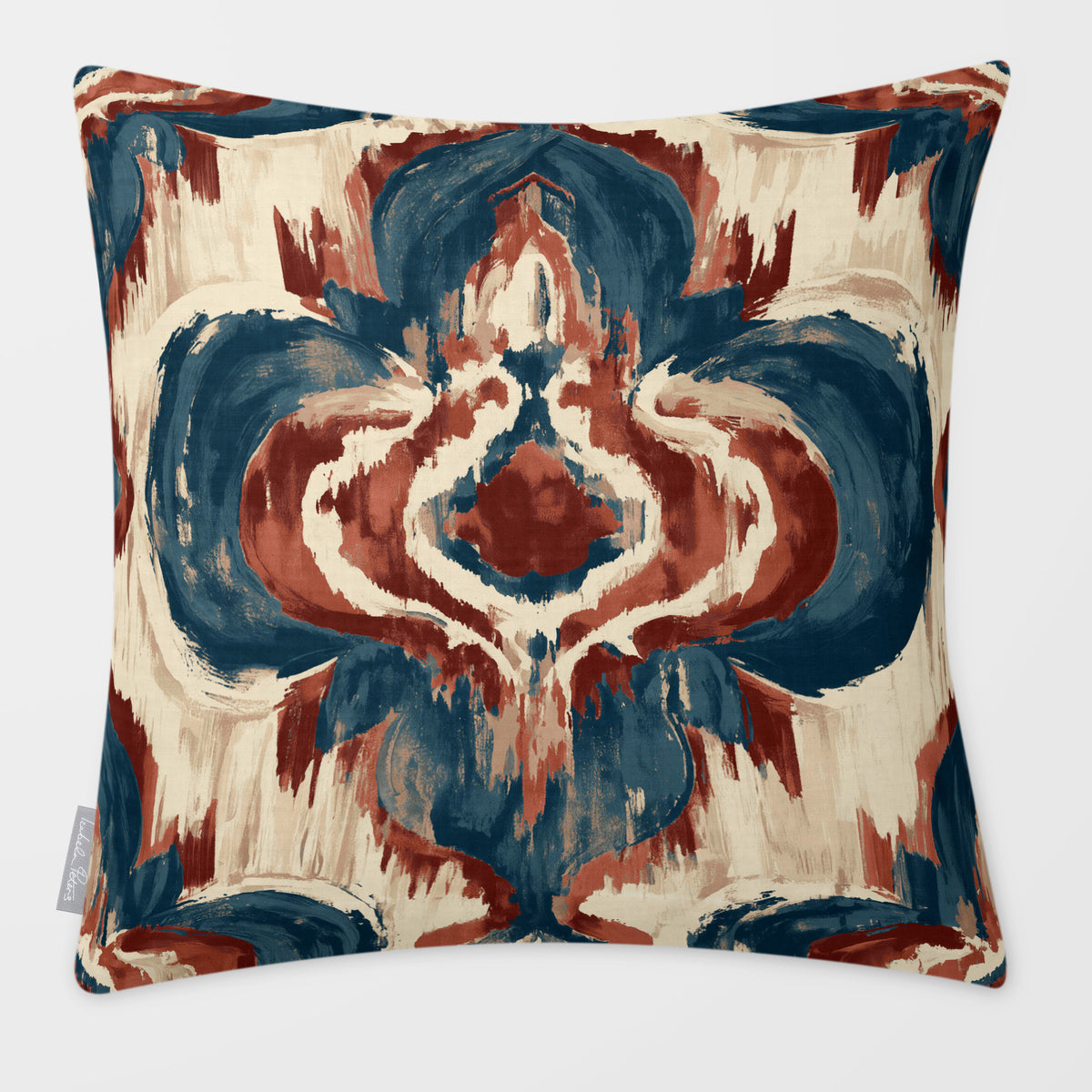 Court Medallion Teal & Persimmon linen-look square cushion, plain sewn edge, front view.