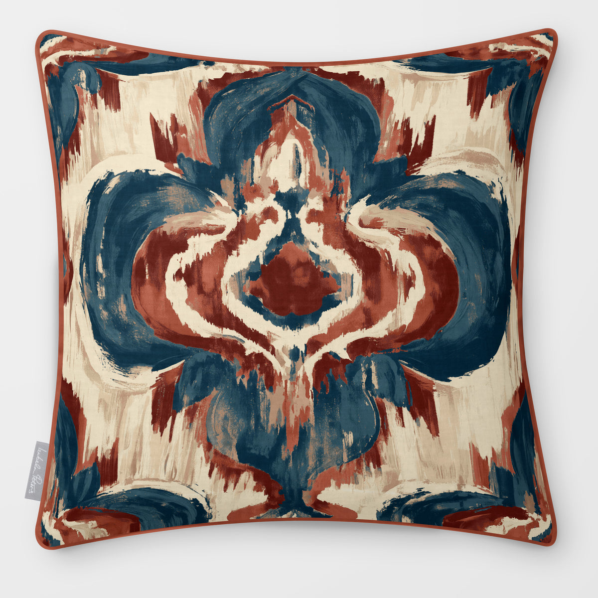Court Medallion Teal & Persimmon linen-look square cushion, piped, front view.