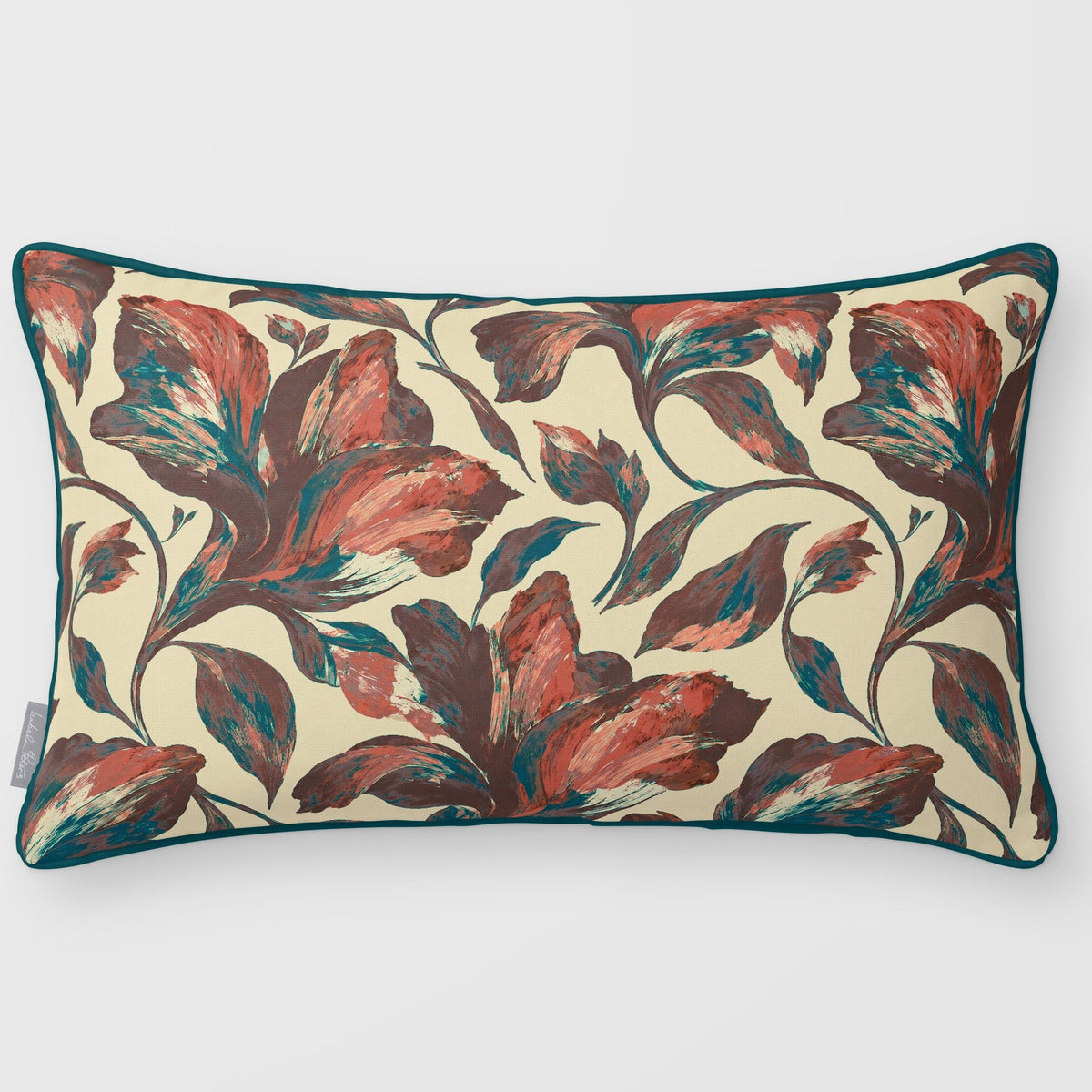 Fiora Floral Cocoa & Teal linen-look 50 × 30 cm rectangular cushion, piped, front view.