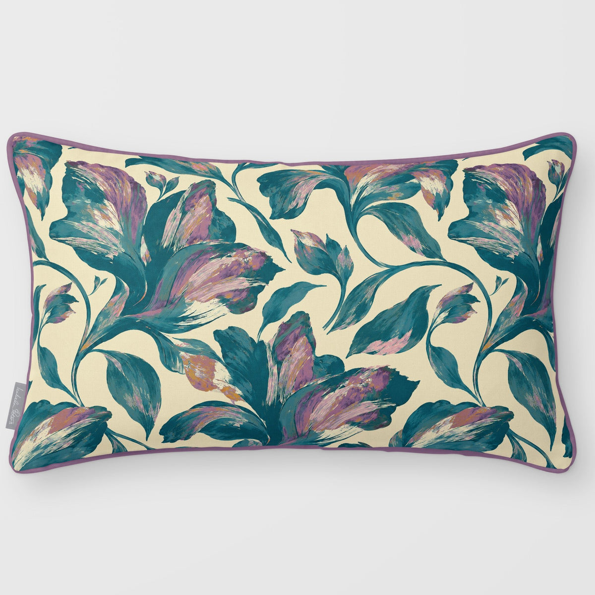 Fiora Floral Ink Blue & Lilac linen-look 50 × 30 cm rectangular cushion, piped, front view.