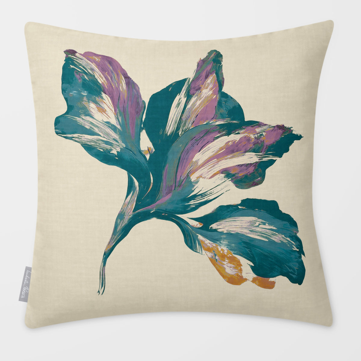 Fiora Floral Ink Blue & Lilac linen-look square cushion, plain sewn edge, front view.
