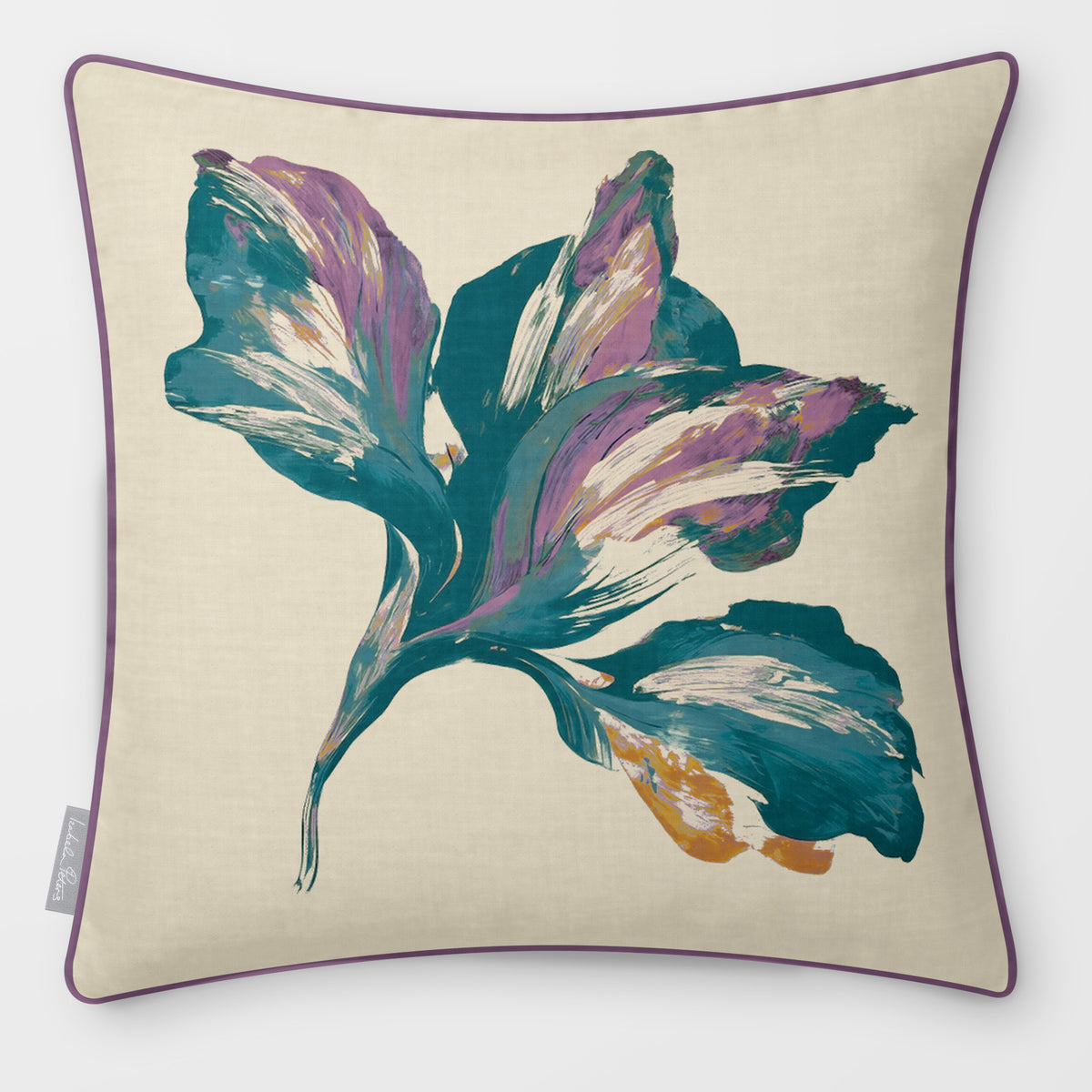 Fiora Floral Ink Blue & Lilac linen-look square cushion, piped, front view.