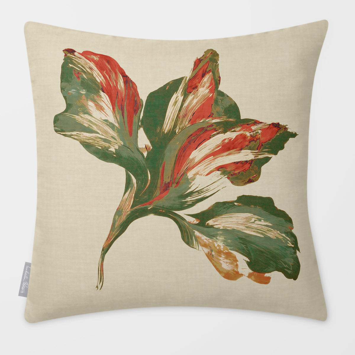 Fiora Floral Olive & Tomato linen-look square cushion, plain sewn edge, front view.