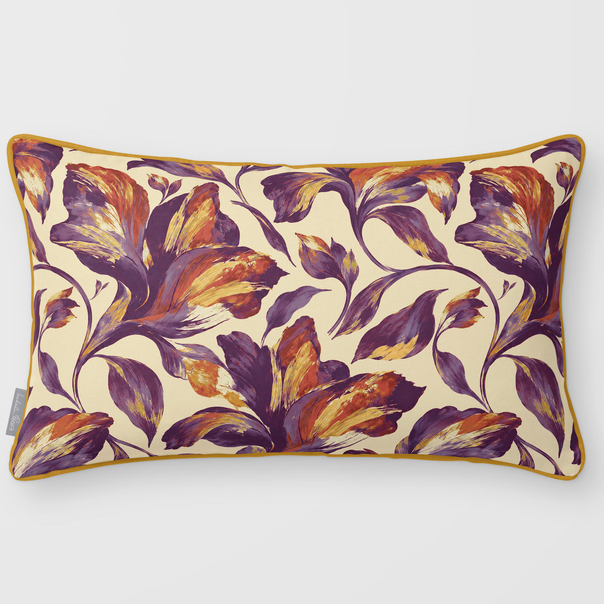 Fiora Floral Plum & Saffron linen-look 50 × 30 cm rectangular cushion, piped, front view.