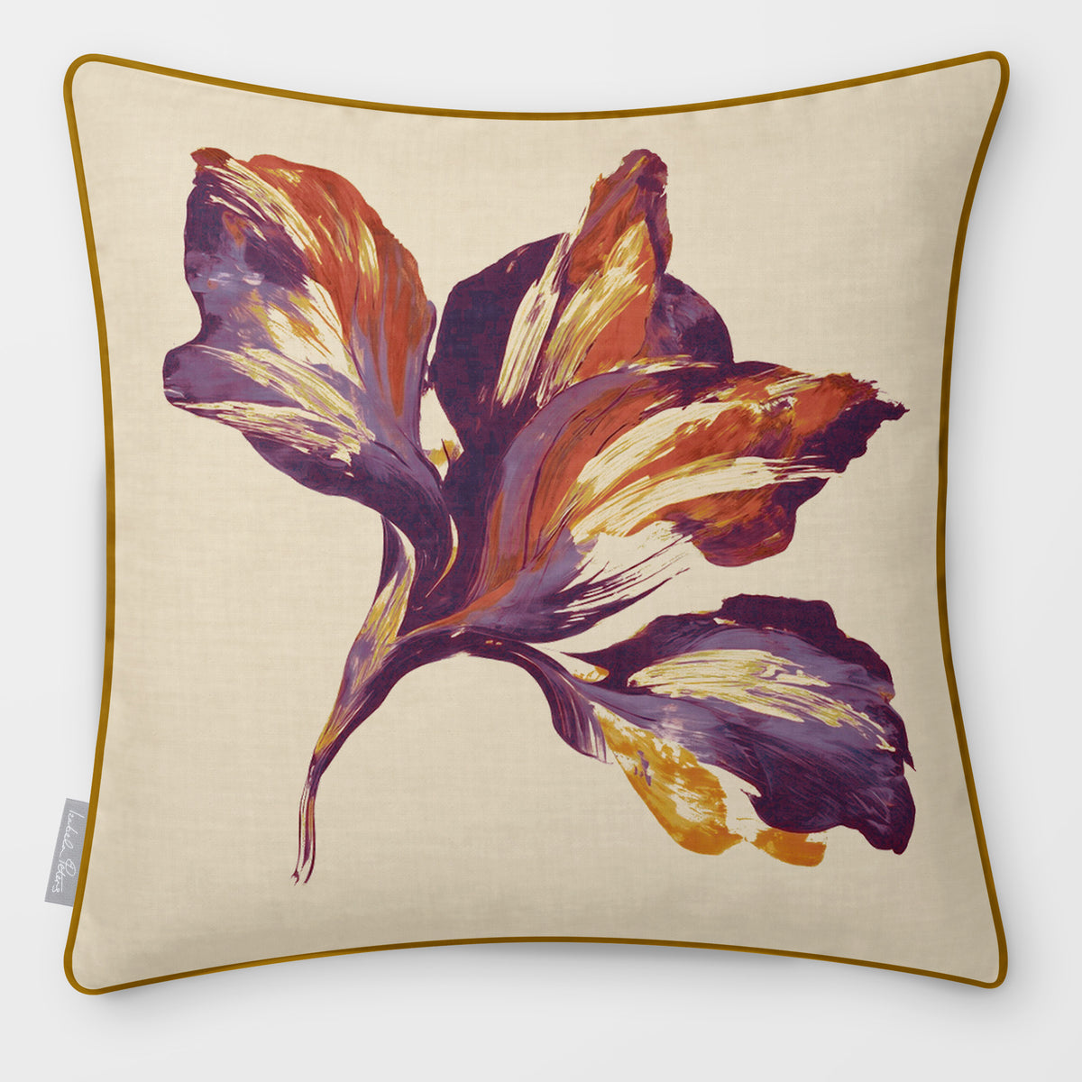 Fiora Floral Plum & Saffron linen-look square cushion, piped, front view.