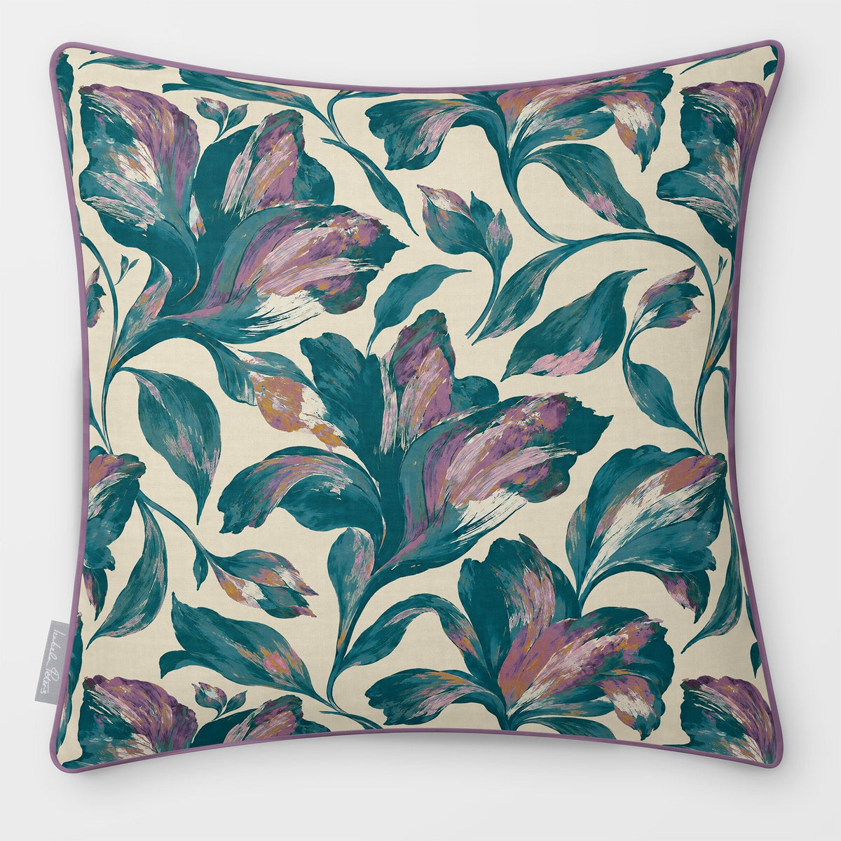 Front view of a Fiora Floral Repeat square cushion in Ink Blue & Lilac, finished with Muted Lilac piping.