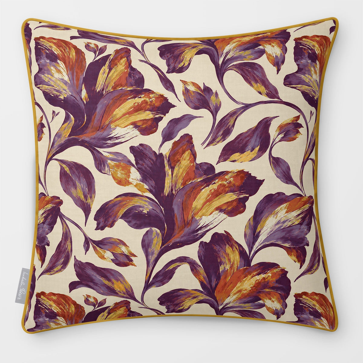 Front view of a Fiora Floral Repeat square cushion in Plum & Saffron, finished with Saffron piping.