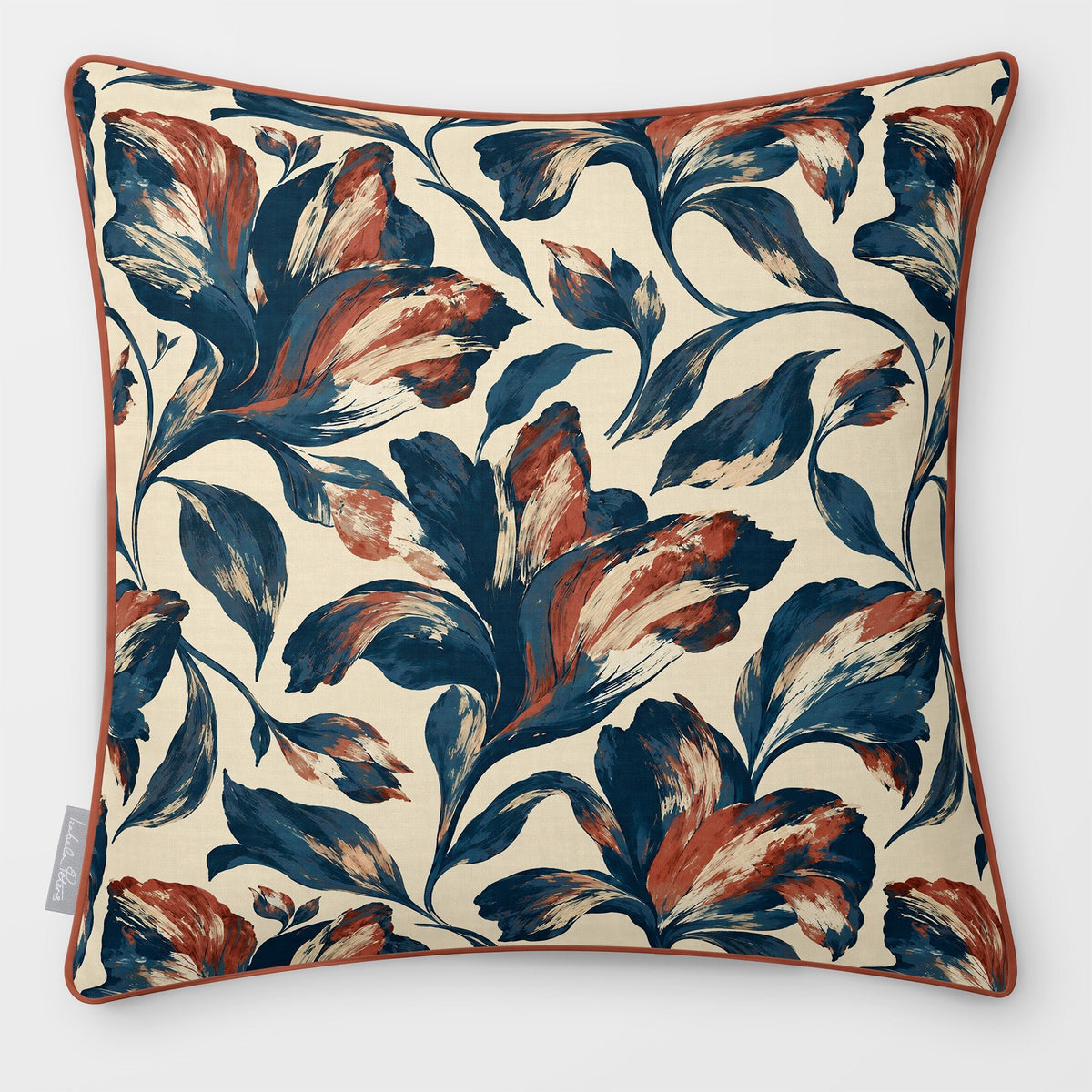 Front view of a Fiora Floral Repeat square cushion in Teal & Persimmon, finished with Persimmon piping.