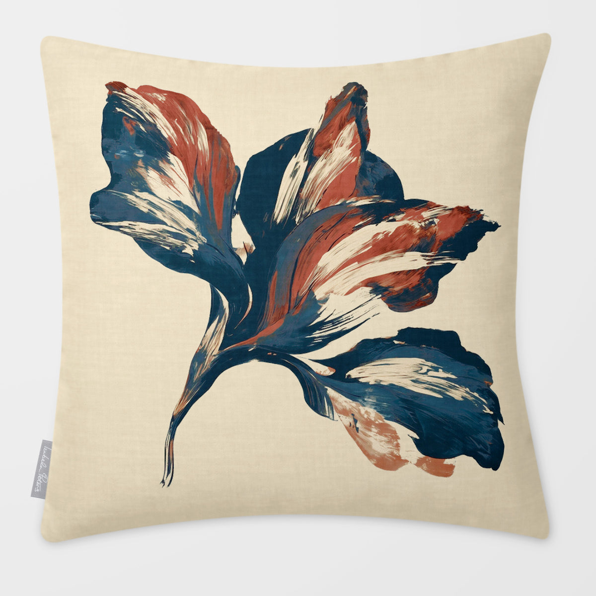 Fiora Floral Teal & Persimmon linen-look square cushion, plain sewn edge, front view.