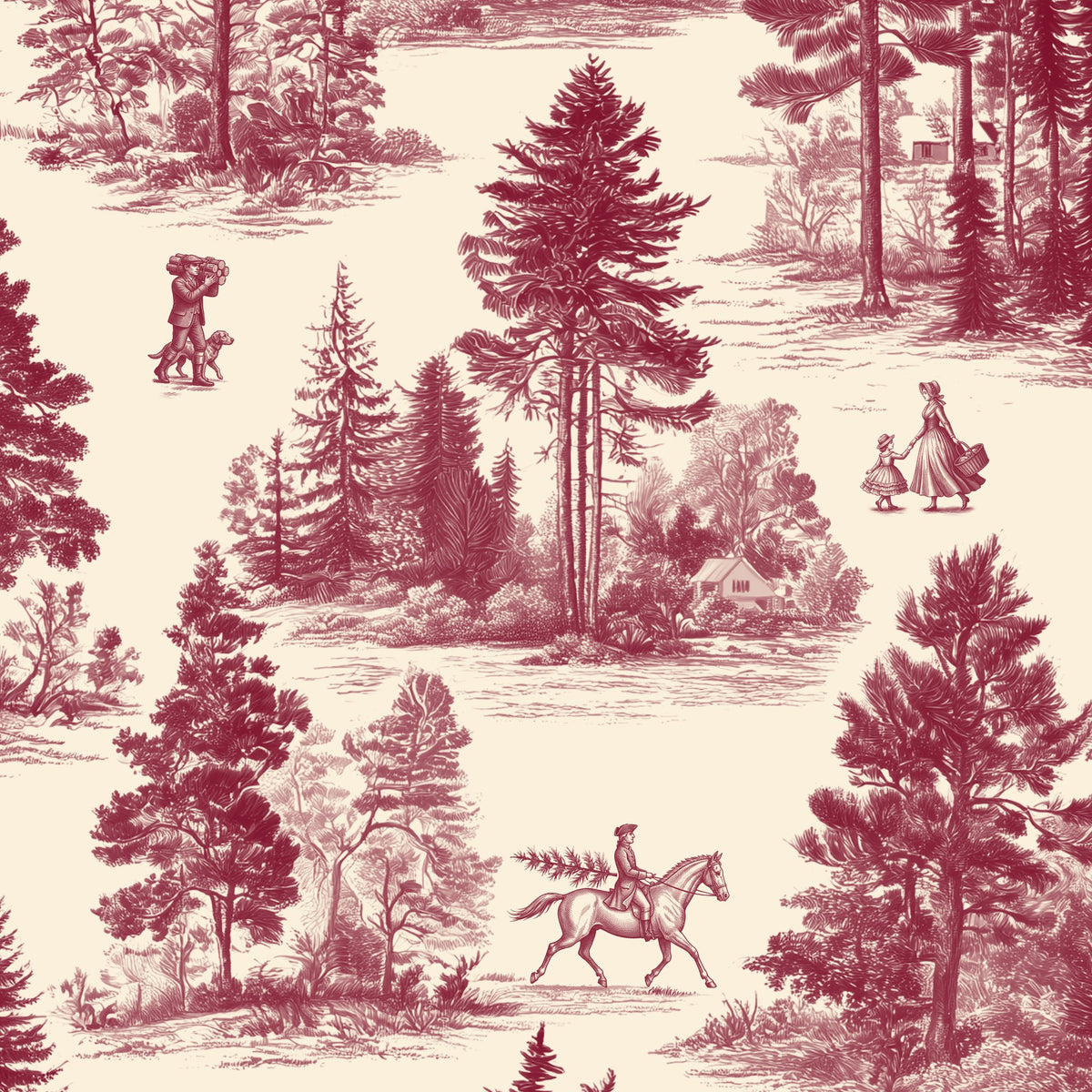 Fir Forest Toile Christmas napkin print in burgundy on ivory