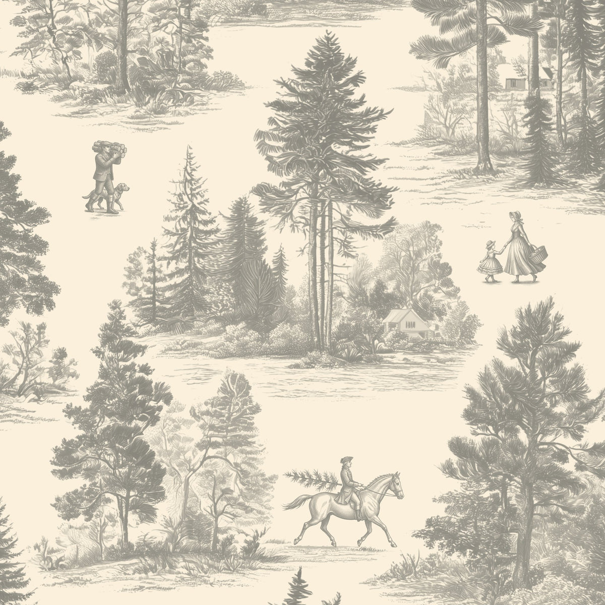 Fir Forest Toile Christmas napkin print in silver grey on ivory