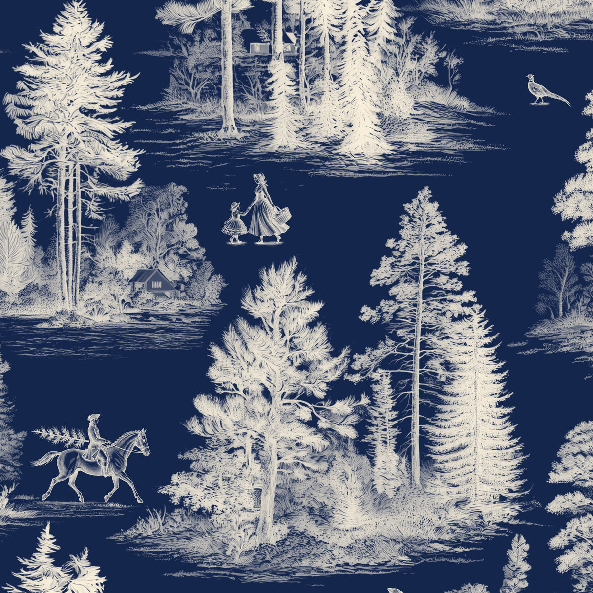 Fir Forest Toile Christmas table runner print in ivory on navy