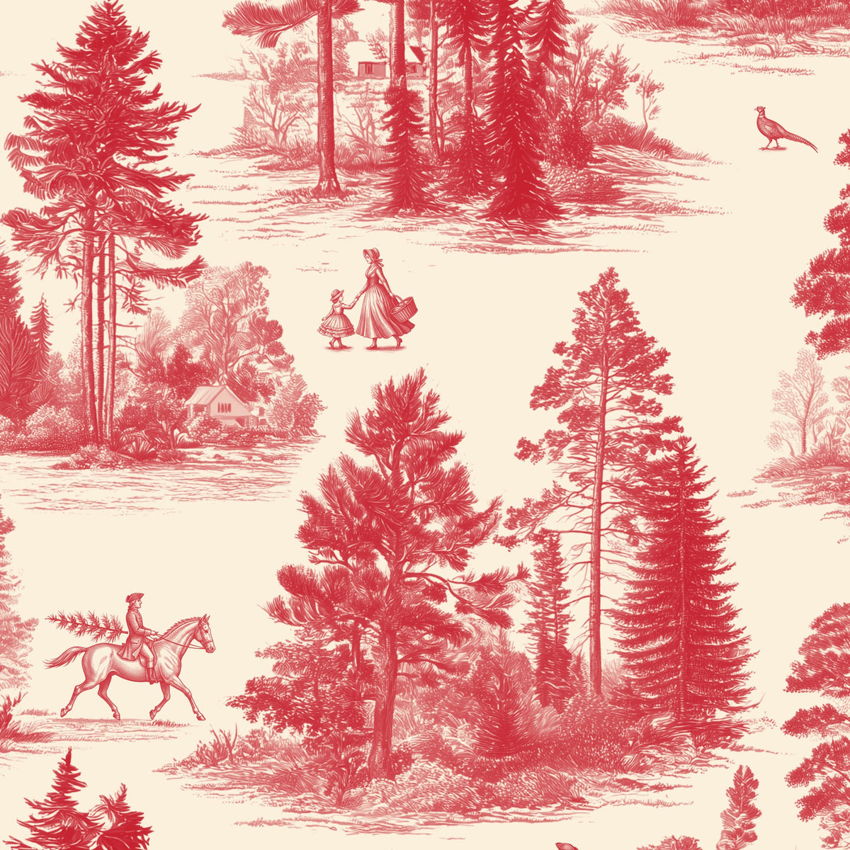 Fir Forest Toile Christmas table runner print in red on ivory