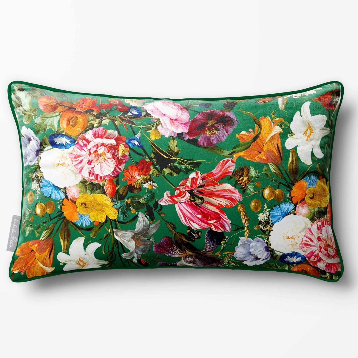 Floral Dream | Sustainable Velvet Rectangle Cushion - Emerald Green 50 x 30 cm Piped by Izabela Peters