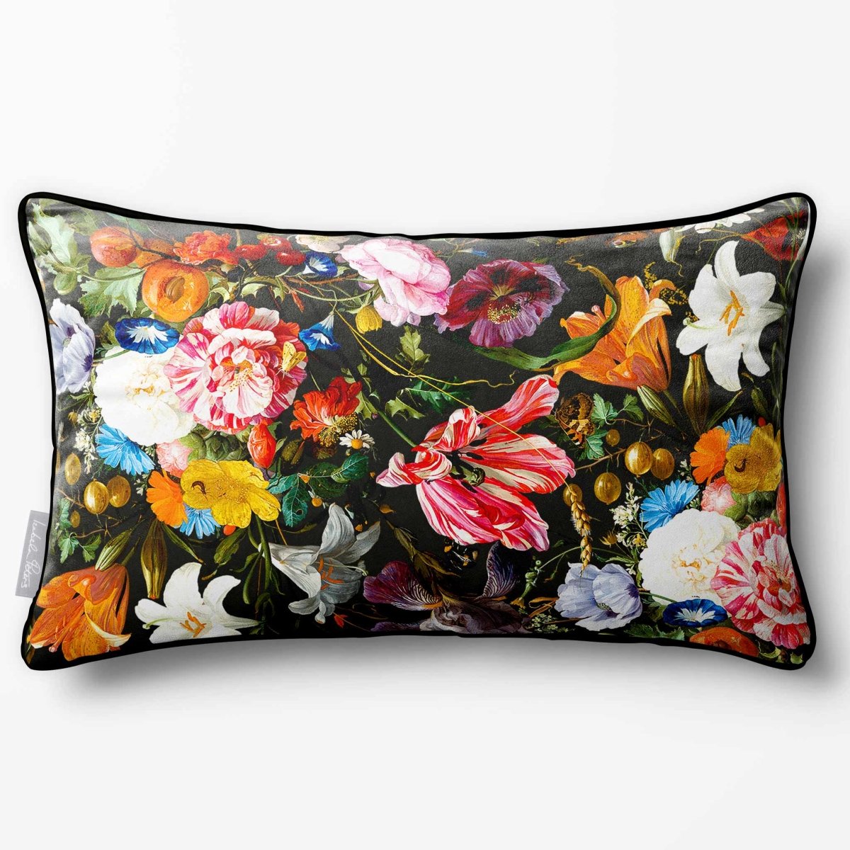 Floral Dream | Sustainable Velvet Rectangle Cushion - Charcoal 50 x 30 cm Piped by Izabela Peters