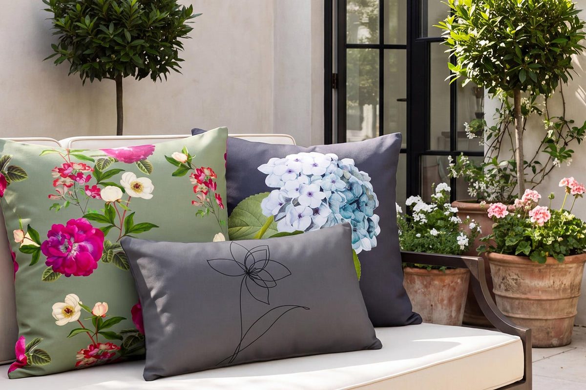 Izabela Peters Floral Glade, Hydrangea and Flower outdoor cushions on a Chelsea townhouse terrace