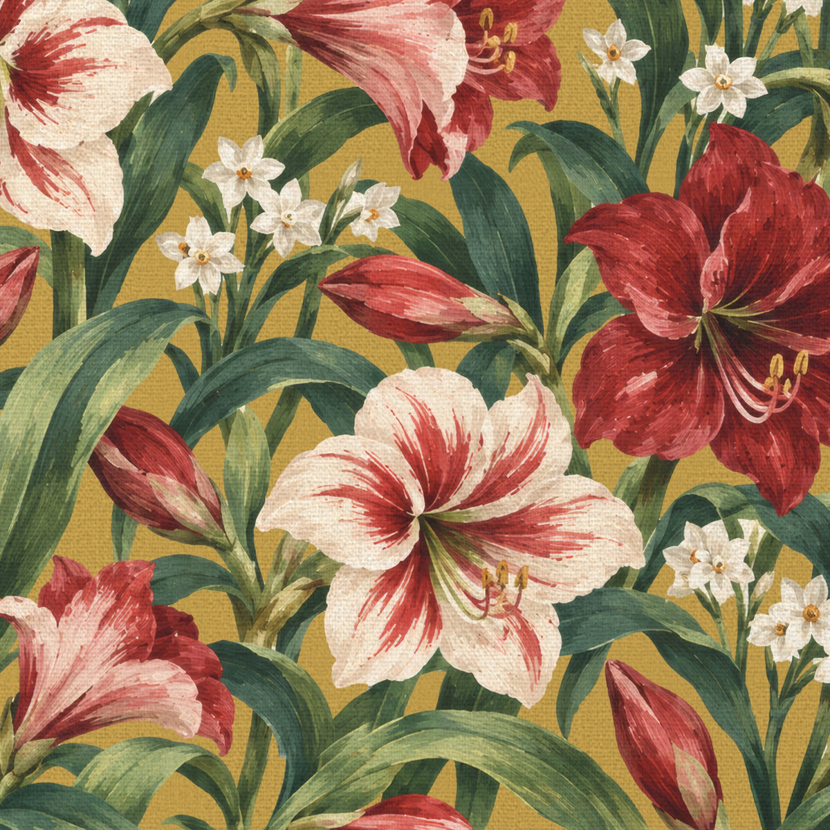 Close-up of the gold Amaryllis Christmas table runner print on cotton, showing amaryllis flowers among long leaves