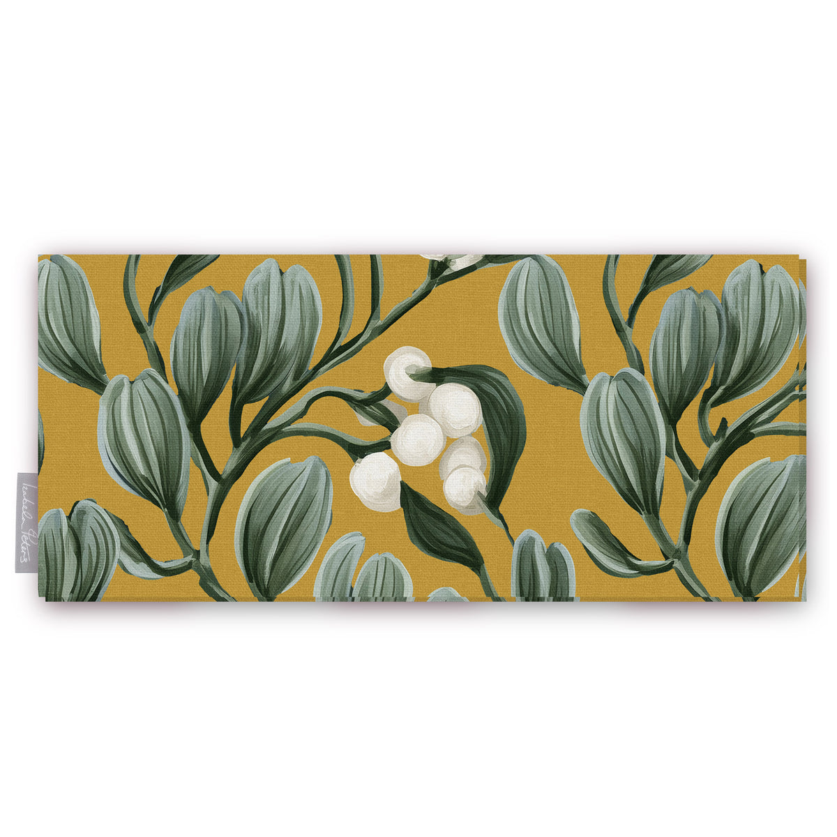 Gold Mistletoe Christmas table runner folded on white, showing sprigs of mistletoe with white berries