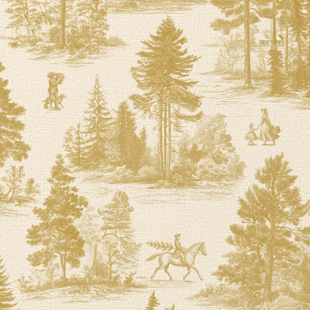Close-up of the Fir Forest Toile Christmas napkin print in gold on ivory cotton, showing fir trees and a rider