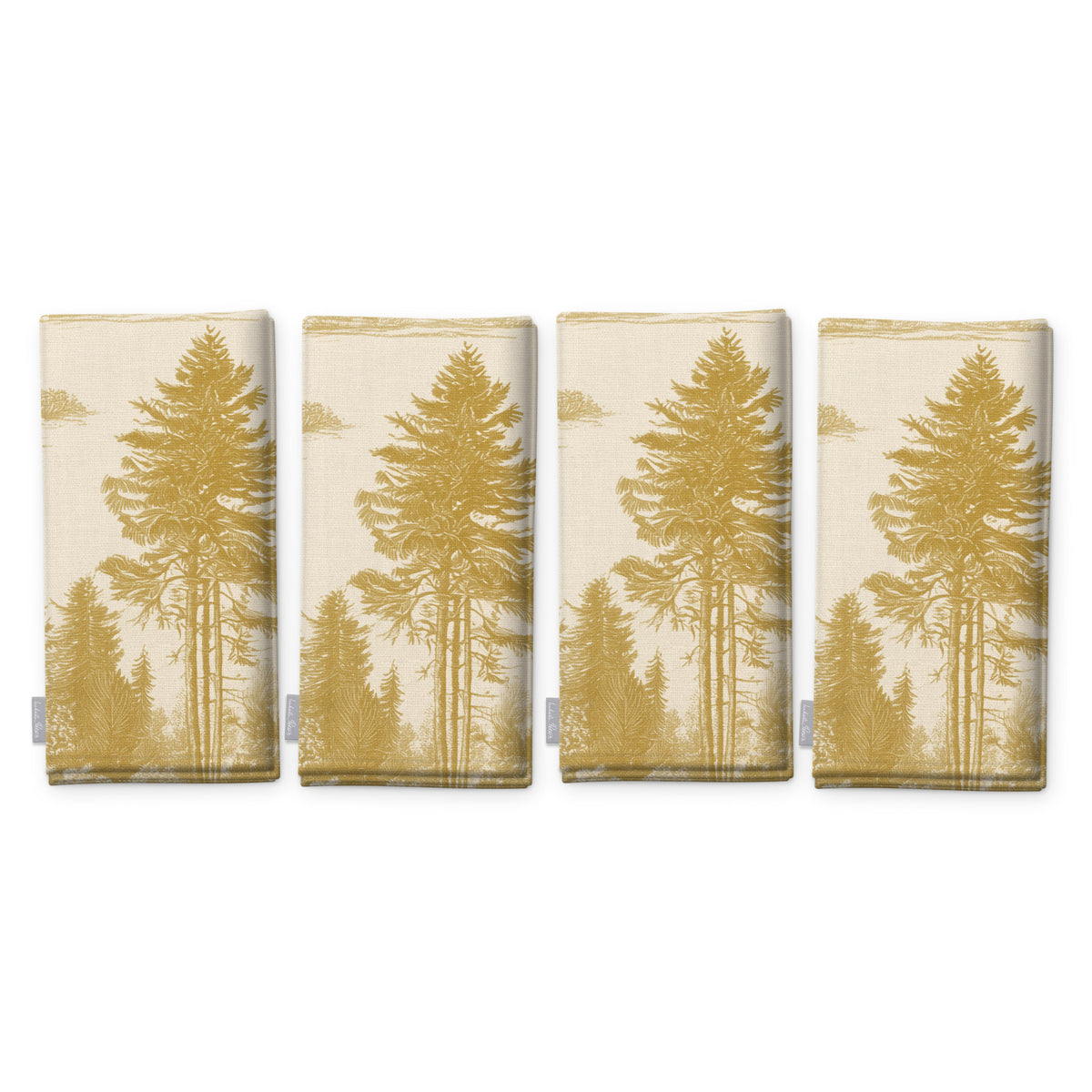 Fir Forest Toile Christmas napkins in gold on ivory, set of four folded napkins showing the same tall fir tree