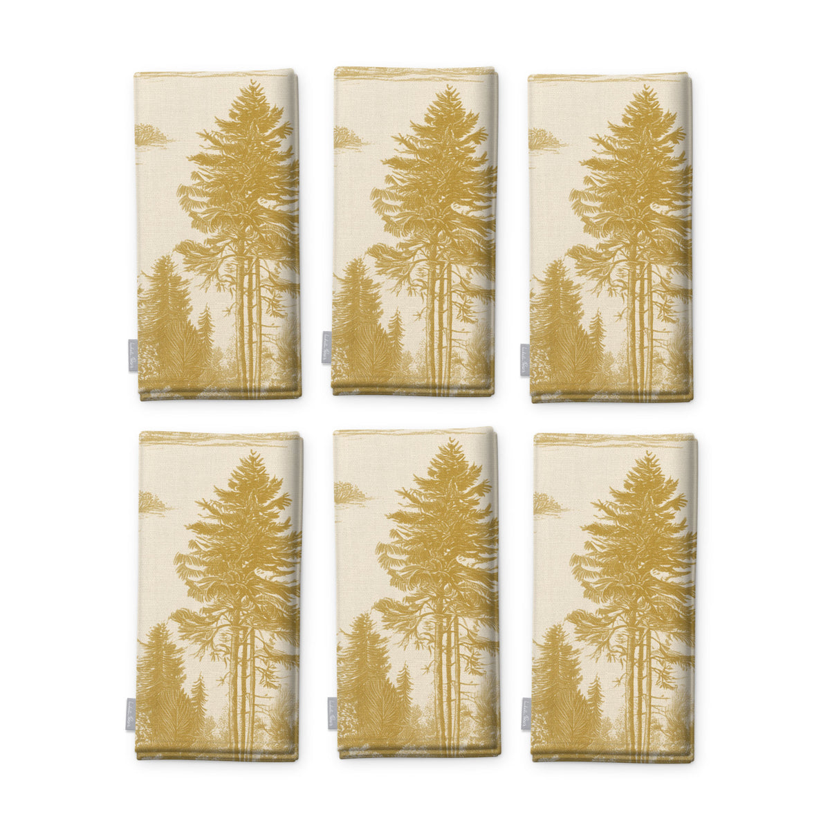 Fir Forest Toile Christmas napkins in gold on ivory, set of six folded napkins showing the same tall fir tree