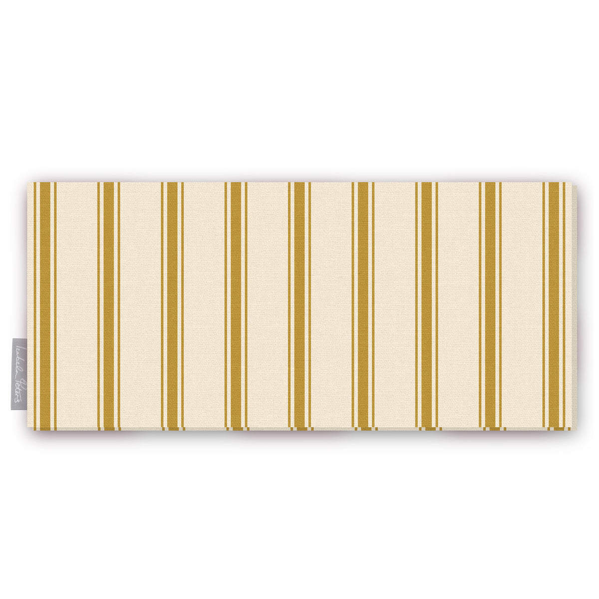 Ticking Stripe Christmas table runner in gold on ivory, folded on white, showing fine ticking stripes