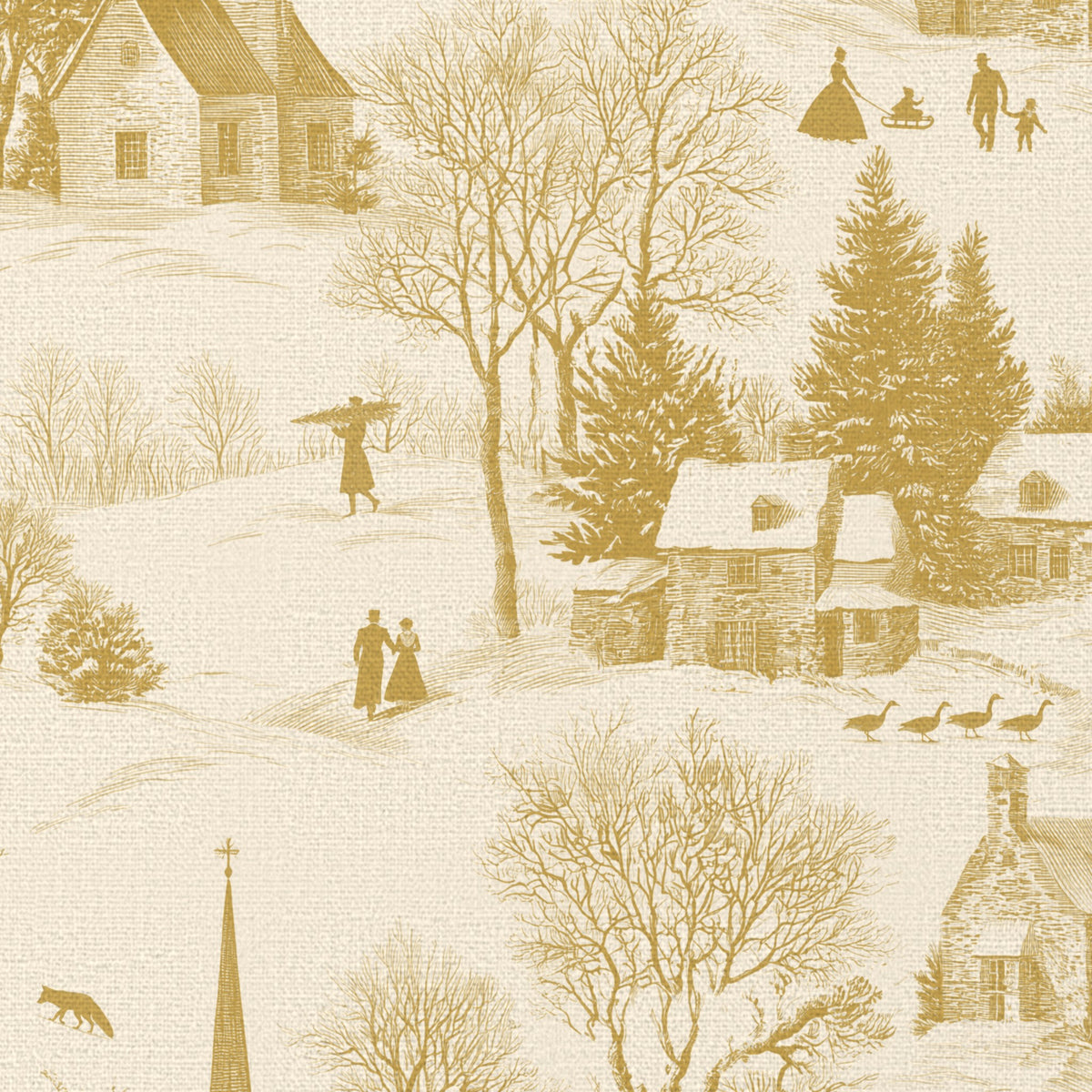 Close-up of the Village Toile Christmas napkin print in gold on ivory cotton, showing a snowy village