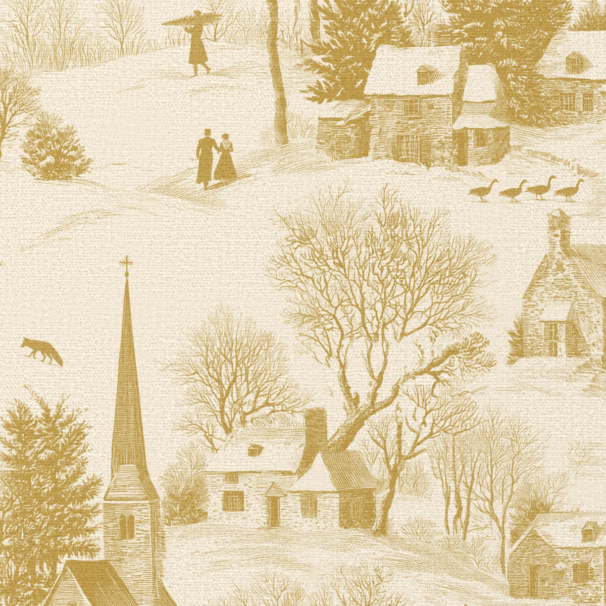 Close-up of the Village Toile Christmas table runner print in gold on ivory cotton, showing a snowy village