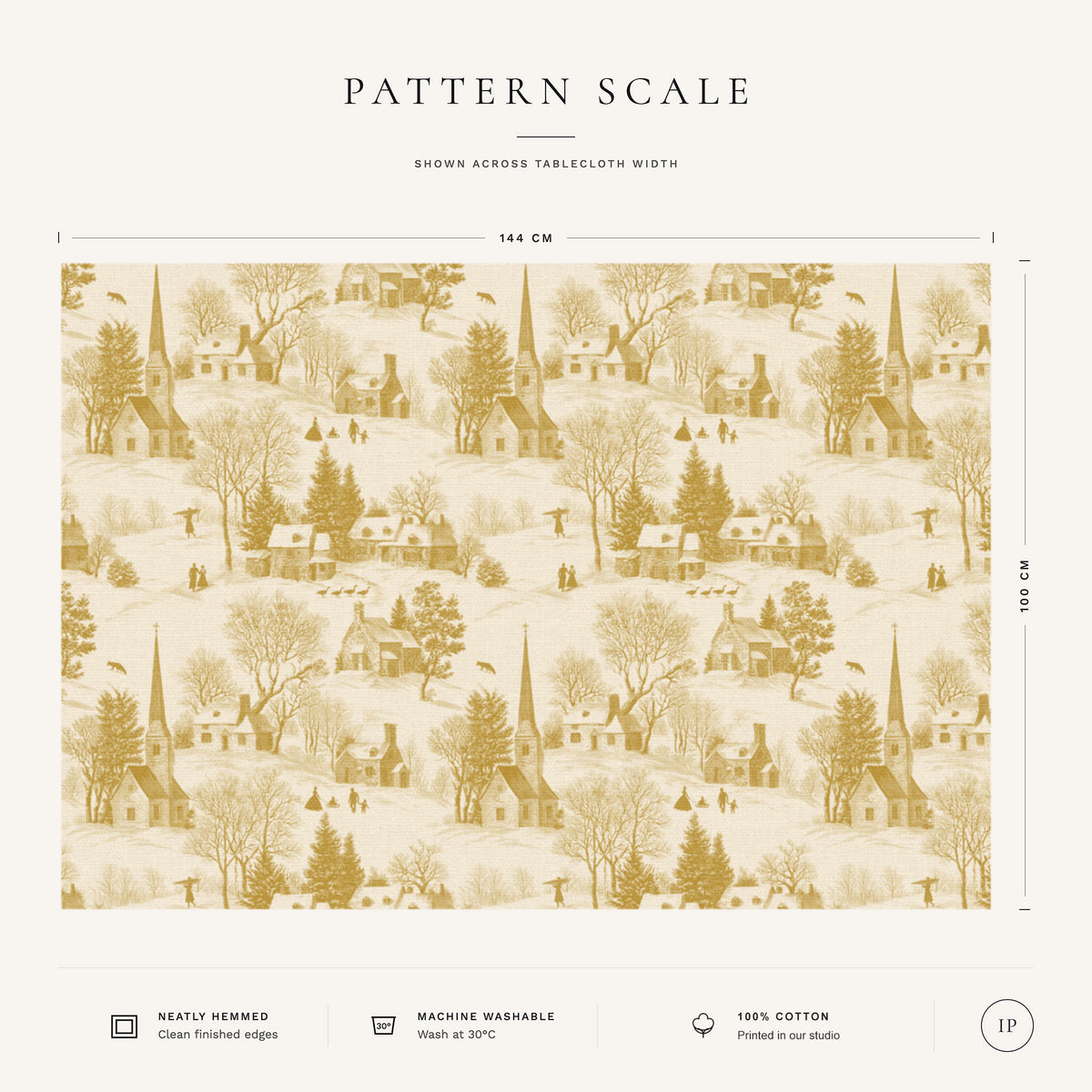 Pattern scale of the Village Toile Christmas tablecloth in gold on ivory across its 144 cm width, with care notes