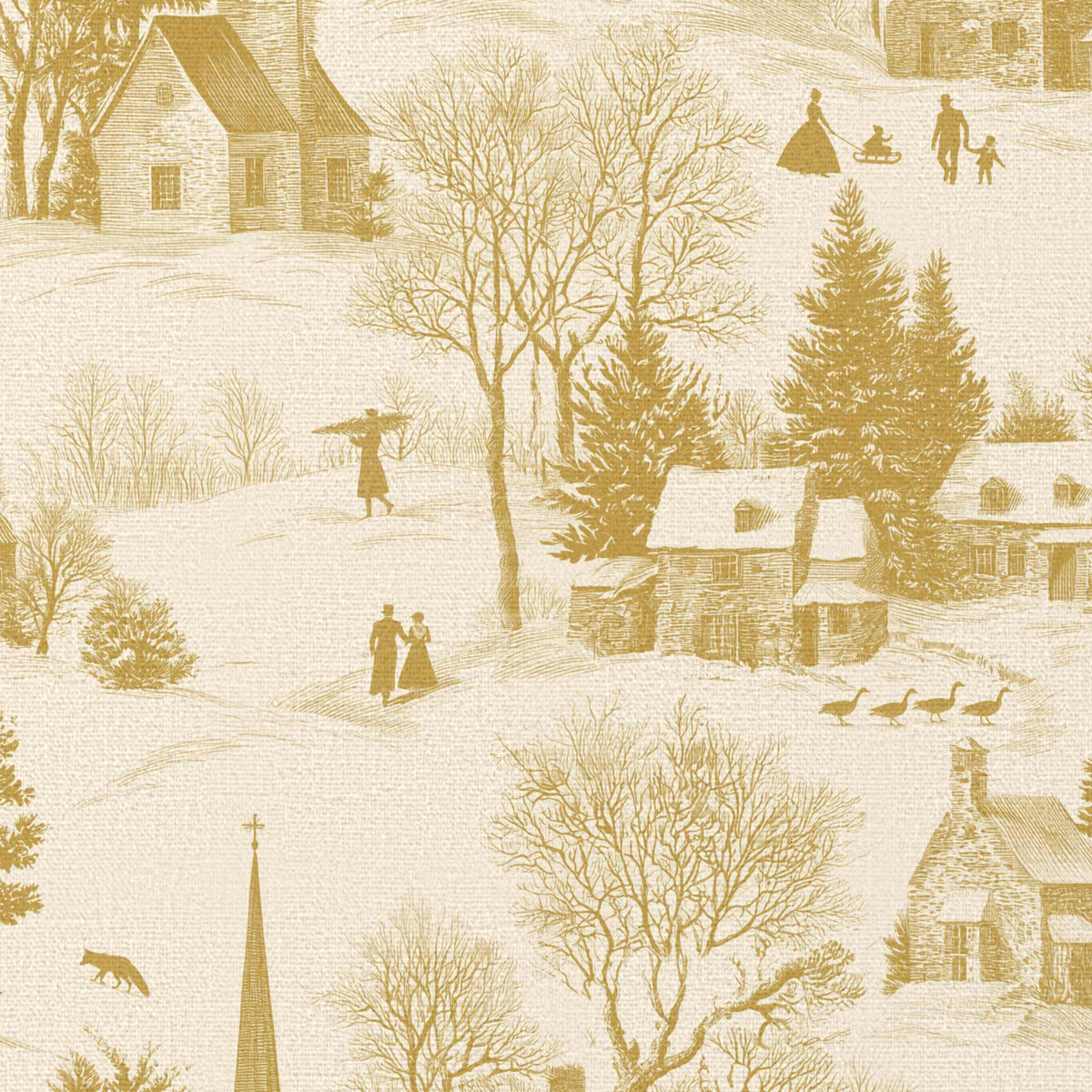 Close-up of the Village Toile Christmas tablecloth print in gold on ivory cotton, showing a snowy village