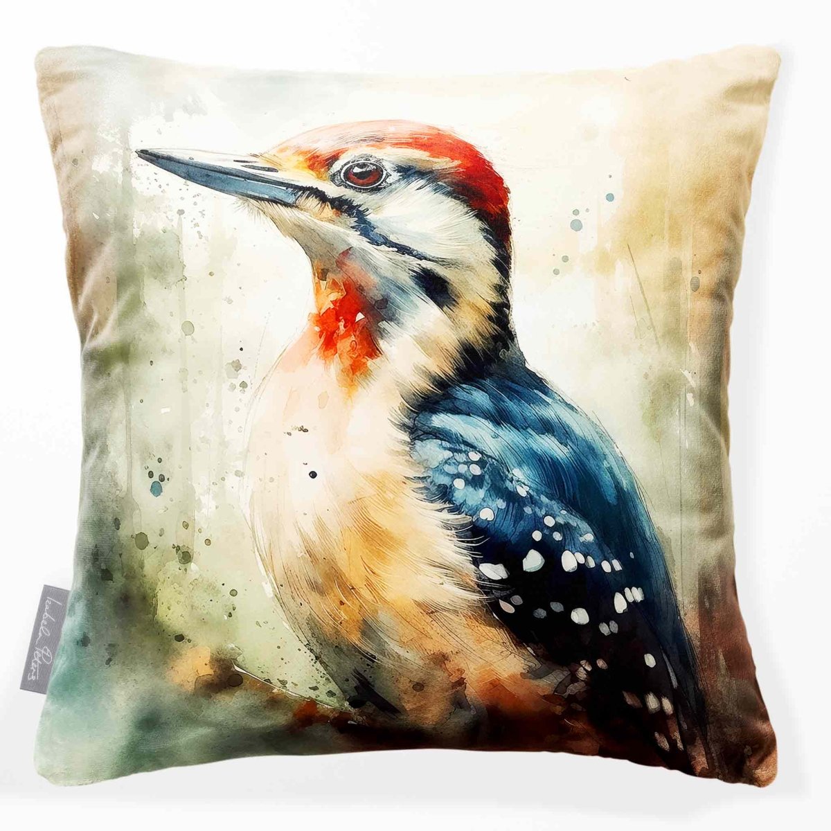 Great Spotted Woodpecker | Sustainable Velvet Cushion - 40 x 40 cm Standard by Izabela Peters