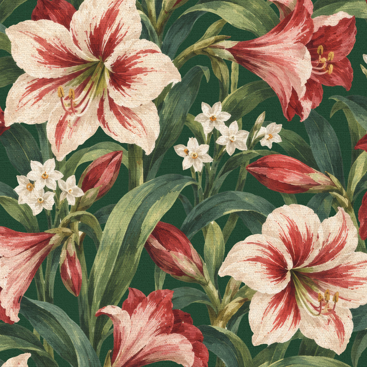Close-up of the green Amaryllis Christmas napkin print on cotton, showing amaryllis flowers among long leaves