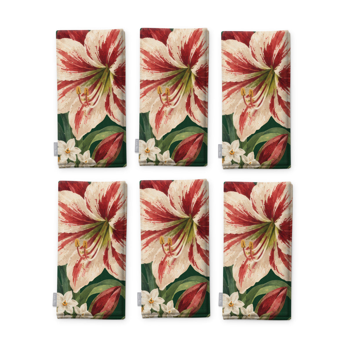 Green Amaryllis Christmas napkins, set of six, folded on white, showing the same amaryllis flower