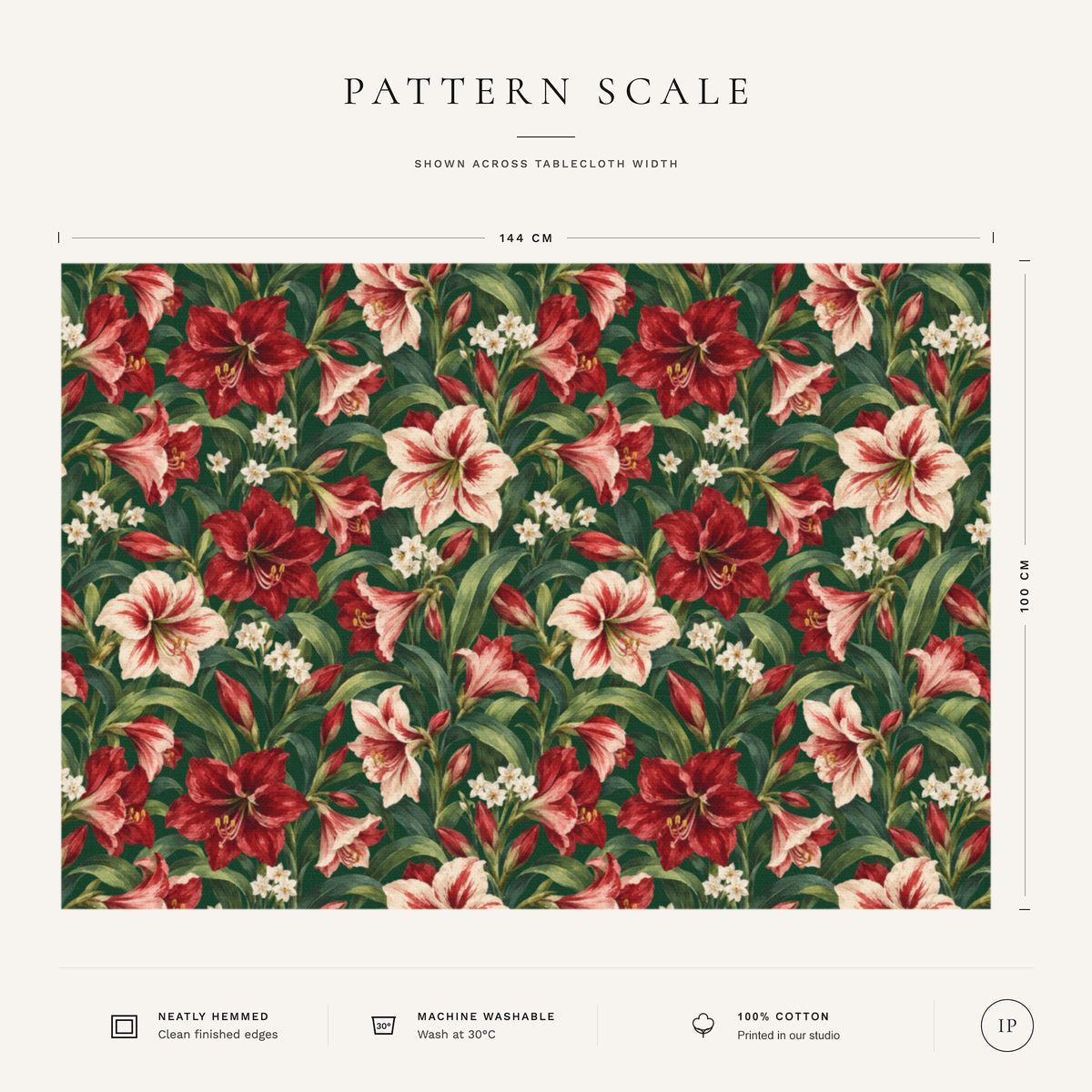 Pattern scale of the Amaryllis Christmas tablecloth in green across its 144 cm width, with care notes