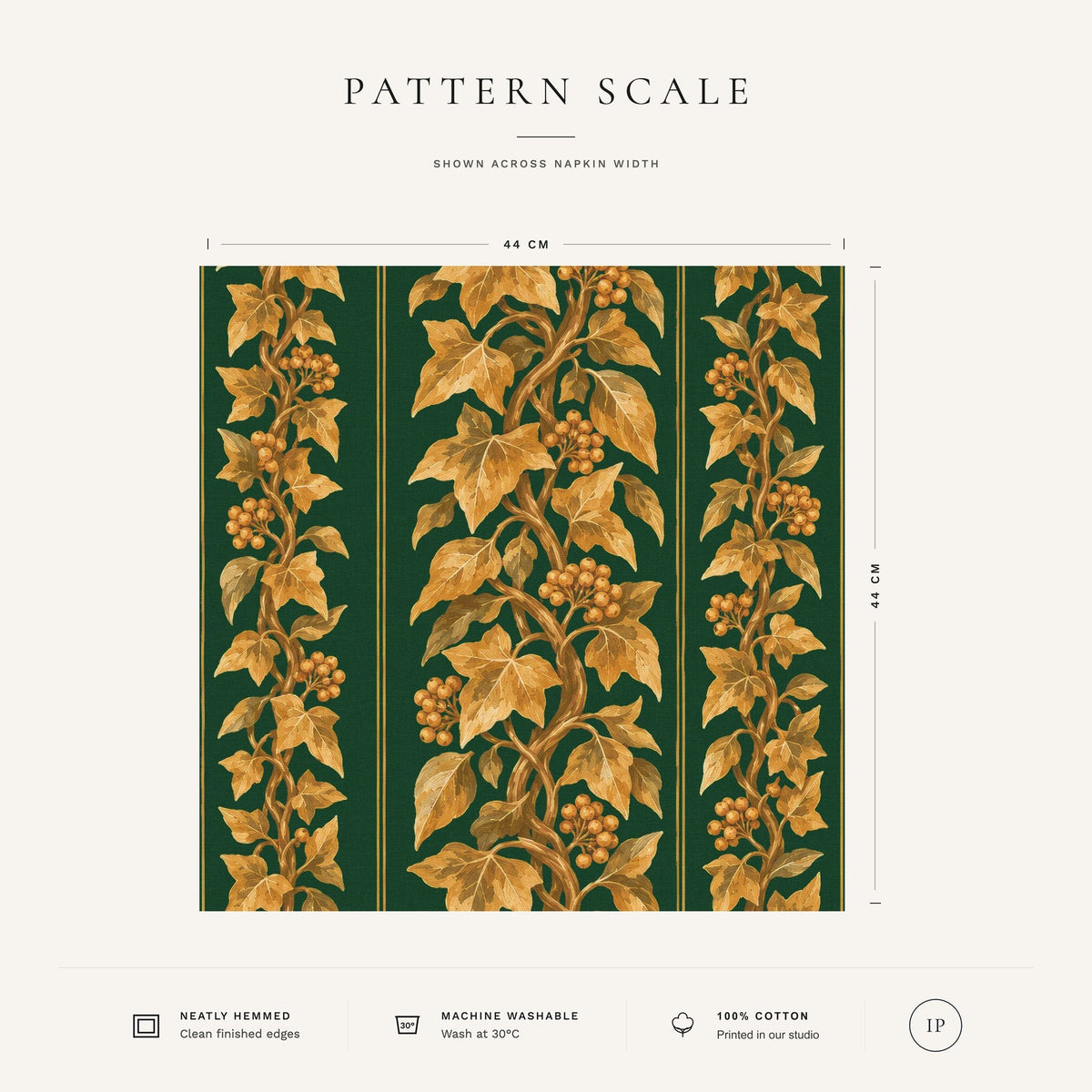 Green and gold Gilded Ivy Christmas napkin pattern scale, showing the full 44 cm by 44 cm design.