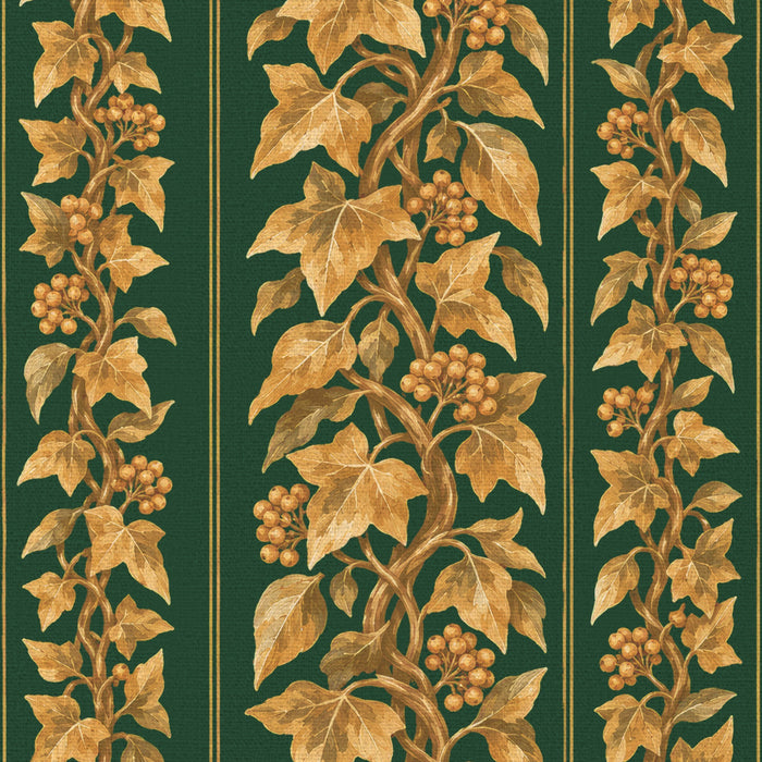 Close-up of the Gilded Ivy Christmas napkin print in green and gold on cotton, showing trails of gold ivy and berries