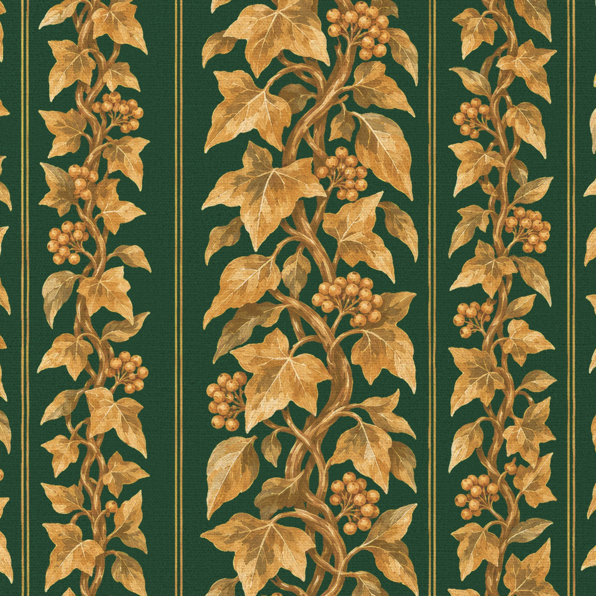 Close-up of the Gilded Ivy Christmas tablecloth print in green and gold on cotton, showing trails of gold ivy and berries