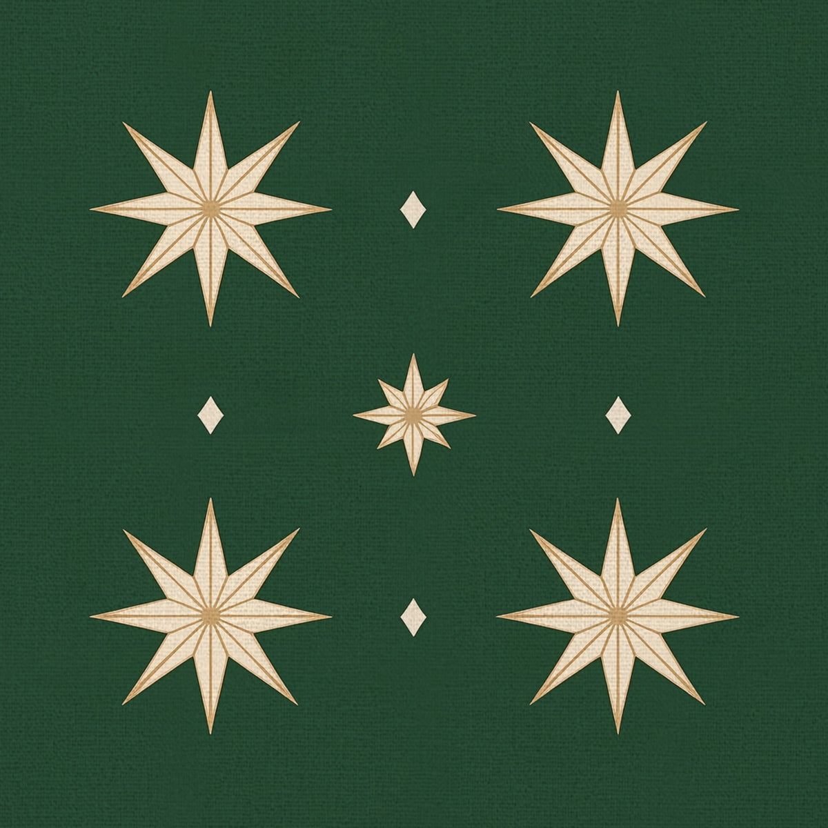 Close-up of the Stars Christmas napkin print in green and gold on cotton, showing gold eight-pointed stars