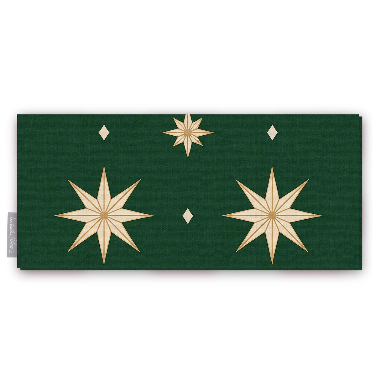 Stars Christmas table runner in green and gold, folded on white, showing large gold eight-pointed stars